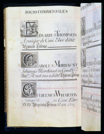Page Listing Three Benefactors of New College, Oxford; Edvardus Thompson, Carolus Mordaunt and Gulielmus Wharton, from a Benefaction Book, 16812-84 by English School